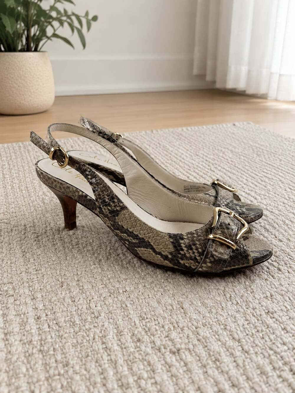 Cole Haan Nike Air Snake Embossed Leather Slingback Peep Toe Heels 7B
